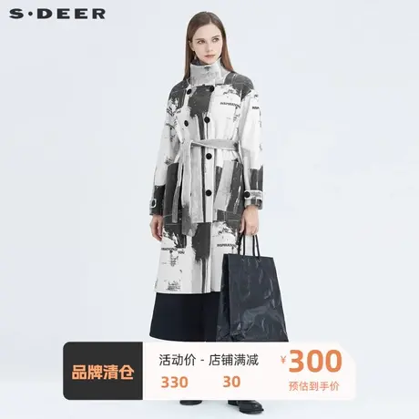 sdeer圣迪奥女装立领双排扣收腰字母印花毛呢大衣S20481844图片