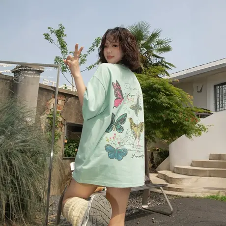 YEP夏季薄荷曼波t恤女2025新款百搭纯棉短袖上衣宽松复古蝴蝶半袖图片
