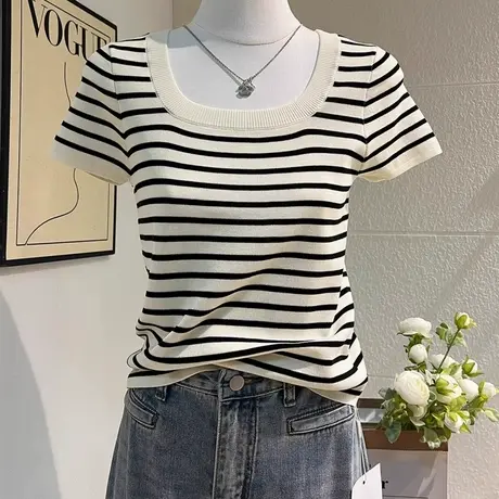 冰丝针织条纹正肩短袖T恤女夏季设计感修身短款独特漂亮的小上衣图片