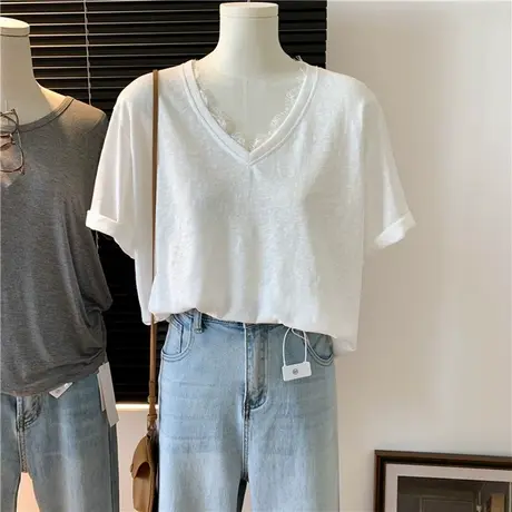简约纯色V领蕾丝边短袖T恤女夏季宽松韩版薄款打底衫内搭外穿上衣商品大图
