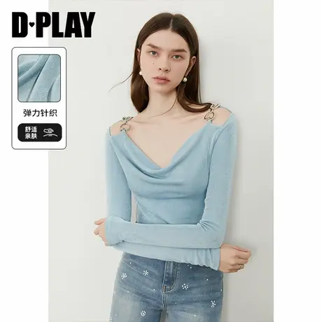 DPLAY2025年夏季新款气质蓝色t恤女独特修身上衣长袖打底衫小衫图片