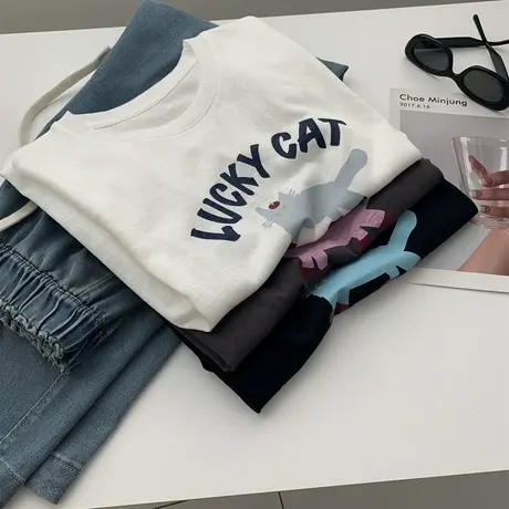 透气舒适雪花棉小猫印花T恤女减龄韩版薄款仿麻手感宽松短袖夏季图片