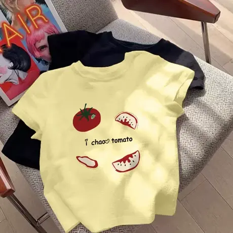 高票点赞！配色吼吼看！多巴胺正肩显瘦短袖上衣女夏季百搭T恤衫商品大图