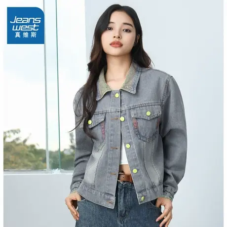 N8真维斯女装2025春季新款 潮牌时尚百搭小个子彩色翻领牛仔外套商品大图