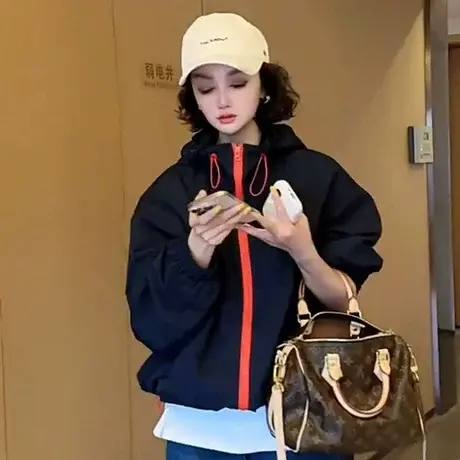 欧货休闲拼色拉链连帽冲锋衣外套女2025春季新款宽松显瘦百搭上衣商品大图