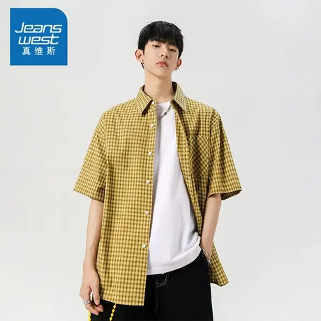 N5真维斯男士短袖衬衫2025夏季美式复古格子男生休闲宽松百搭衬衣商品大图