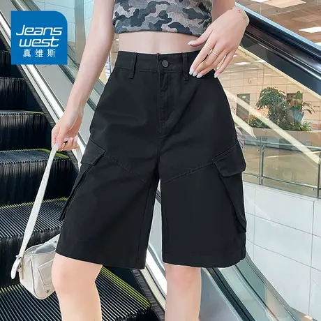 KZH真维斯黑色工装短裤女夏季新款宽松五分裤a字大口袋休闲热裤潮商品大图