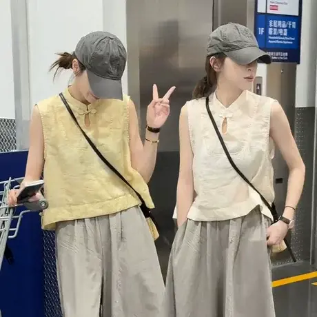 中式国风无袖盘扣上衣女2025新款爆款夏季短款超好看衬衫女小个子图片