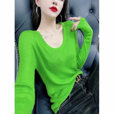 欧洲站2022早春韩版修身时尚羊绒毛衣低圆领长袖针织打底衫上衣女商品大图