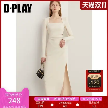 DPLAY2024年春冬法式米白色美背方领侧开衩连衣裙商品大图