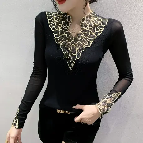 加绒打底衫女士春秋2023新款气质网纱绣花上衣性感V领烫钻长袖T恤图片