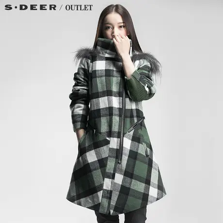 s.�r【🔷新品】🔸圣迪奥专柜正品女装真毛连帽英伦格大衣S13481894商品大图