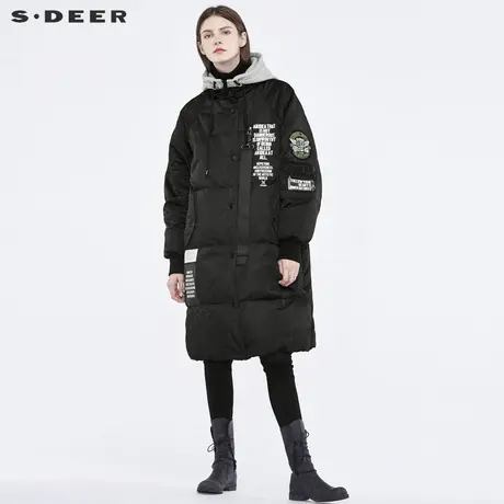 sdeer 圣迪奥撞色英文布贴装饰假两件设计连帽羽绒服S18482483商品大图