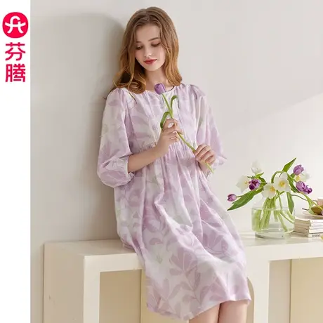 芬腾睡衣新款中袖女士睡裙春夏季甜美休闲可外穿家居服秋款连衣裙商品大图