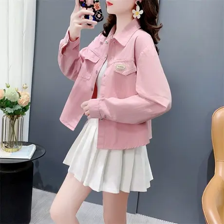 短款小个子糖果色牛仔衬衫女春季2024年新款时尚百搭长袖外套上衣商品大图