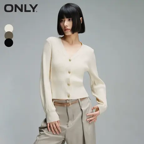 ONLY奥莱夏季简约灯笼袖V领短款开衫毛衣针织衫女商品大图