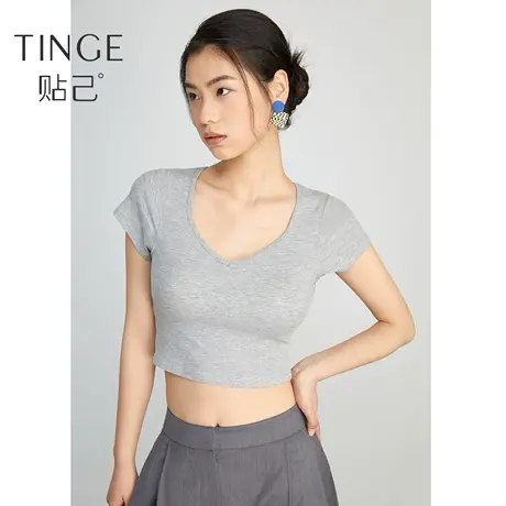 TINGE贴己带胸垫短袖t恤女夏短款纯色紧身露脐白色打底可外穿上衣图片