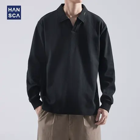 hansca黑色长袖polo衫男2024新款春秋季宽松休闲体恤翻领t恤上衣商品大图