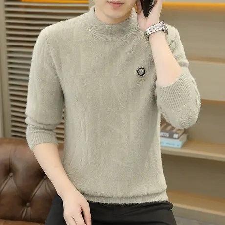 2025秋冬新款男士仿貂绒针织衫半高领毛衣男装上衣服加厚款毛线衣图片