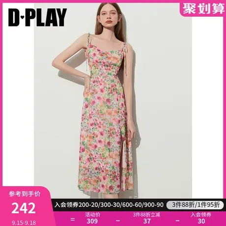 DPLAY2023年夏优雅玫瑰庄园系带度假抽褶高开叉印花吊带连衣裙商品大图