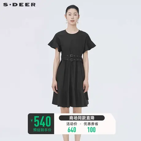 sdeer圣迪奥小黑裙夏装圆领收腰短袖花边黑色高腰连衣裙S22281270商品大图