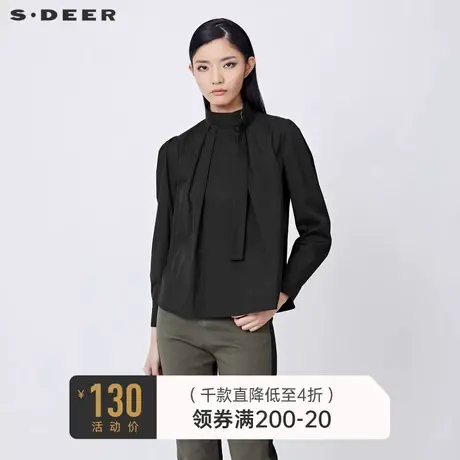 sdeer圣迪奥冬装立领压褶不规则黑色长袖衬衫女S21460513🏰商品大图