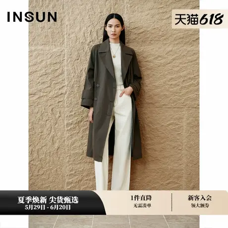 INSUN恩裳专选双排扣中长款薄款暗纹风衣外套商品大图