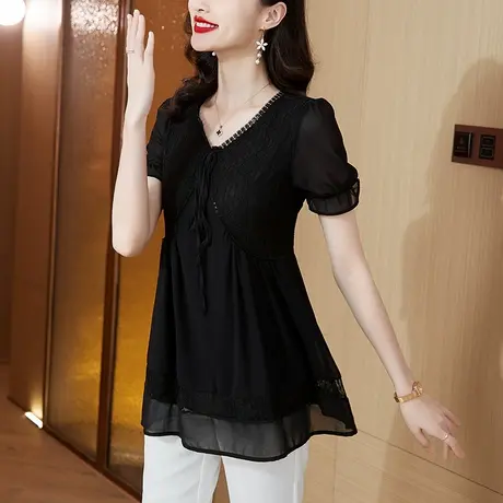 大码中长款黑色雪纺衫女2025夏季新款特显身材高端气质减龄女上衣商品大图