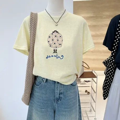 夏季韩系百搭创意时尚女孩宽松百搭竹节棉短袖T恤女洋气透气上衣商品大图
