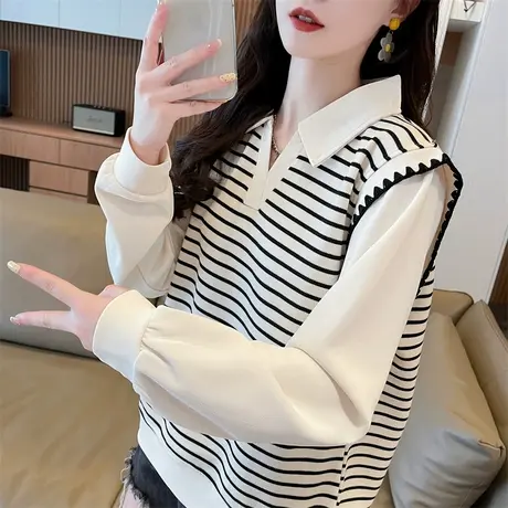 翻领polo衫卫衣女春秋韩版宽松大码慵懒风薄款条纹小个子上衣外套商品大图