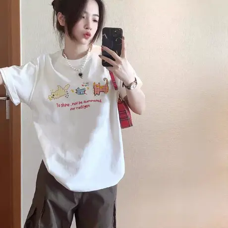 vintage纯棉短袖t恤女多巴胺大码漂亮初夏遮肉甜辣上衣胖mm宽松潮商品大图