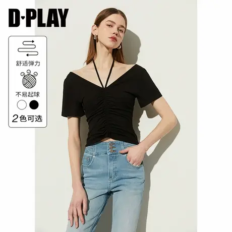 DPLAY年夏日常百搭黑色前中抽褶设计短袖短款T恤上衣女商品大图