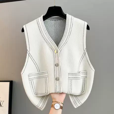 V领开衫口袋马甲2025秋冬新款法式小香风针织背心撞色坎肩短外套图片