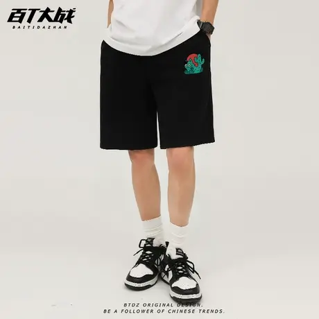 美潮日系短裤男仙人球猫咪潮牌情侣松紧腰直筒阔腿五分裤夏外穿女商品大图