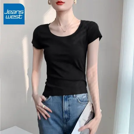 KV真维斯黑色t恤女新款2025短袖夏 韩版时尚紧身圆领正肩显瘦上衣商品大图