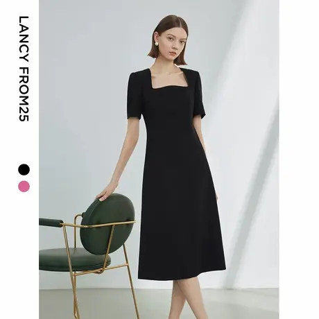 朗姿法式复古小香风方领气质裙子女2024年夏季新款黑色粉色连衣裙图片