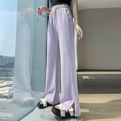 NW夏季薄款冰丝轻薄裤子百搭休闲宽松直筒裤显瘦遮胯女开叉冰丝裤商品大图