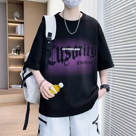 美式潮牌宽松短袖t恤男夏季青少年学生体恤帅气半袖夏装T男装上衣图片