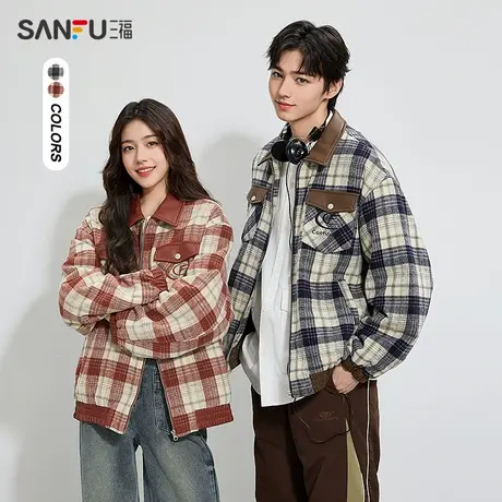 三福2025冬季男士格子拼接刺绣短棉衣 保暖宽松翻领外套489411z商品大图