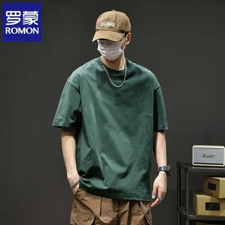 罗蒙设计感男士纯色短袖T恤夏季新款宽松圆领美式百搭纯棉上衣N1Z图片