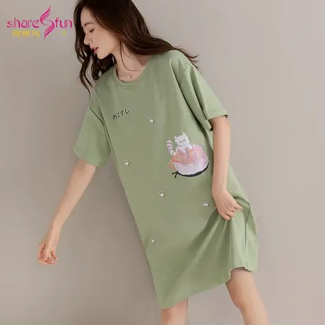 sharefun/霞黛芳【纯棉睡裙】萌趣猫咪短袖宽松可外穿女家居服夏商品大图