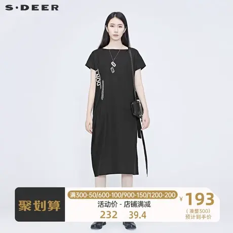 sdeer圣迪奥高级感印花飘带蝙蝠袖连衣裙别致裙子小黑裙S20281265商品大图