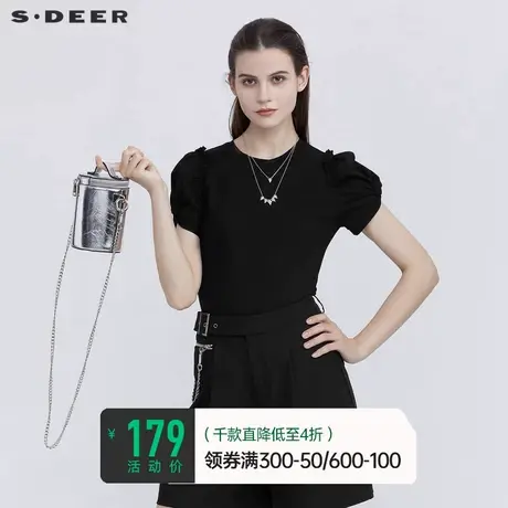 sdeer圣迪奥女装夏装休闲圆领设计感抽褶花边黑色T恤S21280109图片