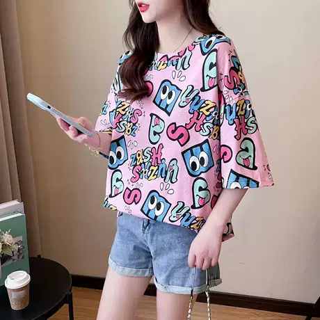 2024夏季新款短欧货卡通印花大码短袖T恤女韩版宽松百搭上衣女潮图片