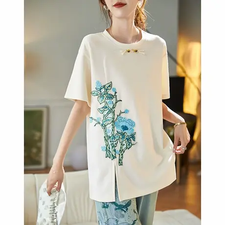 宝诗黎国风亮片刺绣短袖T恤2025夏季宽松新中式百搭落肩休闲上衣图片