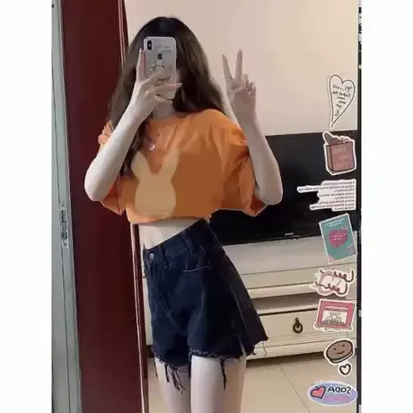 橘色正肩短袖t恤女设计感小众兔子印花2025年夏季新款宽松上衣潮图片