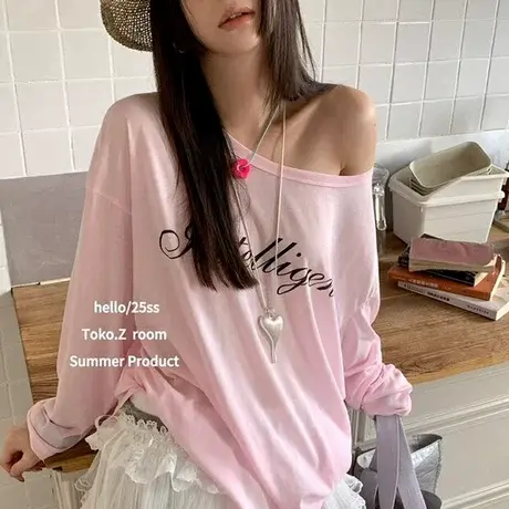 韩国东大门夏季新款字母慵懒宽松薄款防晒罩衫上衣女斜肩长袖T恤商品大图