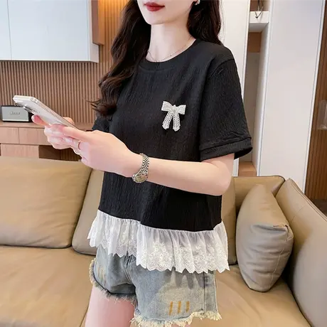 蕾丝下摆短袖t恤女2025新款夏季韩版宽松大码蝴蝶结假两件上衣服商品大图