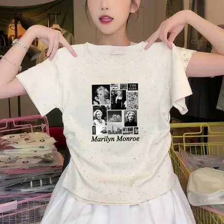 潮流短款小个子t恤女2025新款褶皱修身彩虹波点收腰短袖减龄上衣商品大图