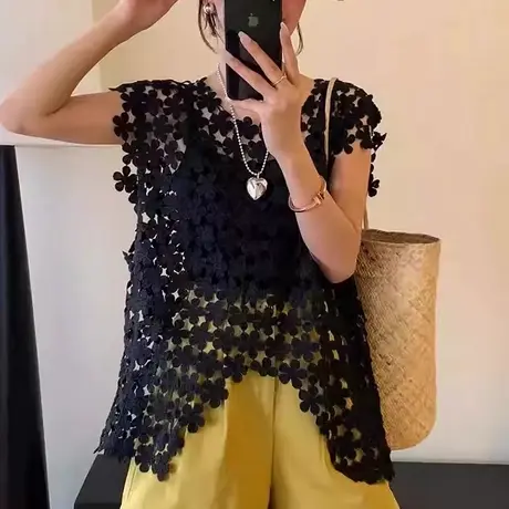 重工镂空钩花小心机上衣女欧洲站夏装2025新款欧货女装无袖T恤潮商品大图